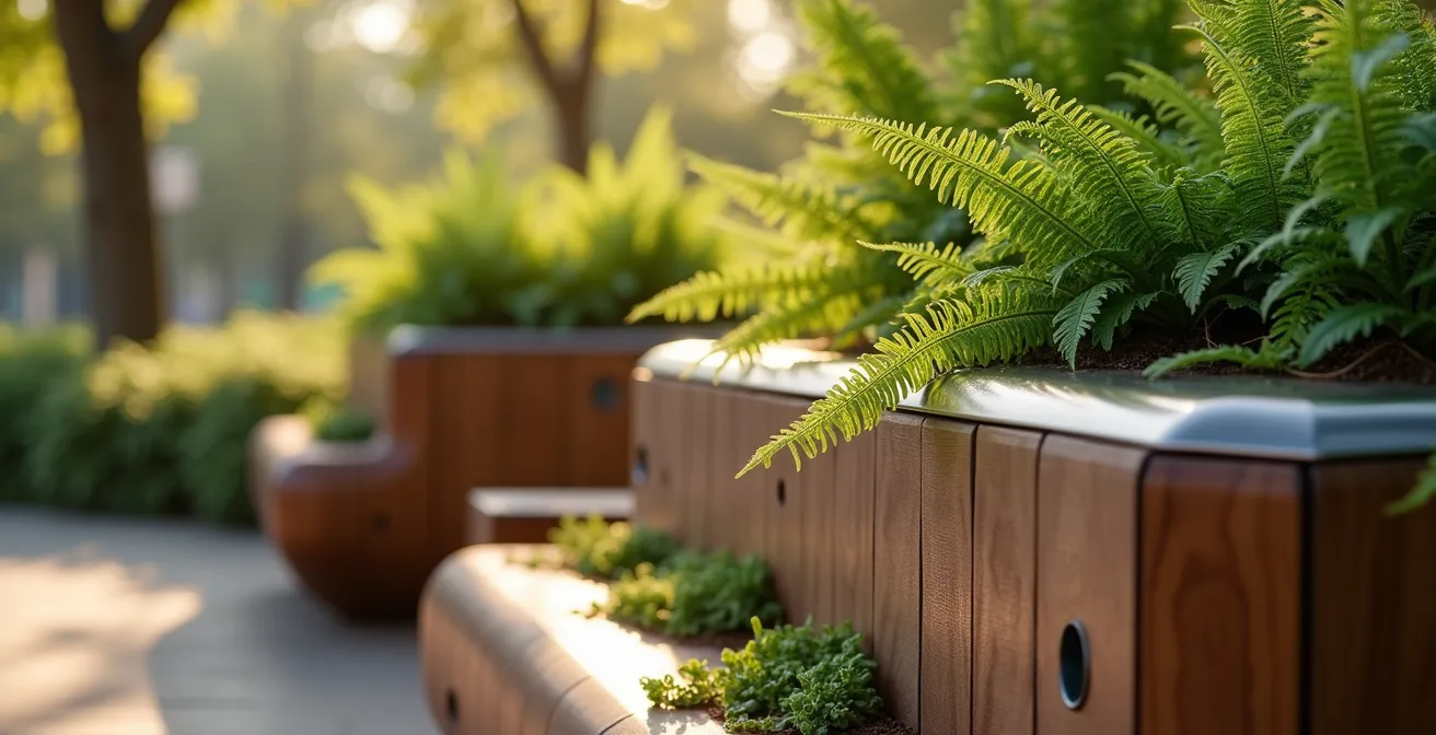 Smart urban bench seamlessly integrating technology with natural elements including living plants and organic materials in harmonious outdoor setting