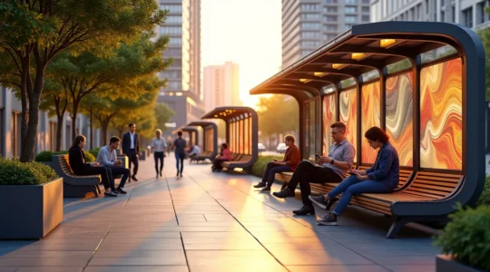 Futuristic smart city streetscape featuring interconnected intelligent urban furniture powered by sustainable energy