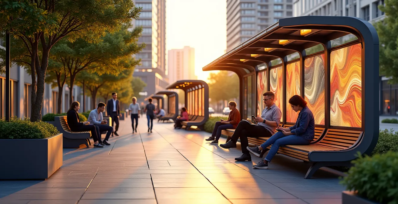 Futuristic smart city streetscape featuring interconnected intelligent urban furniture powered by sustainable energy