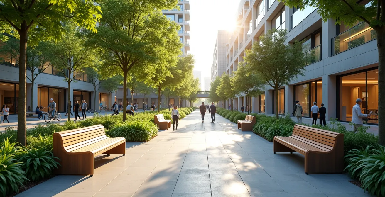 Vue d'ensemble d'un espace public moderne avec mobilier urbain écologique, connecté et accessible