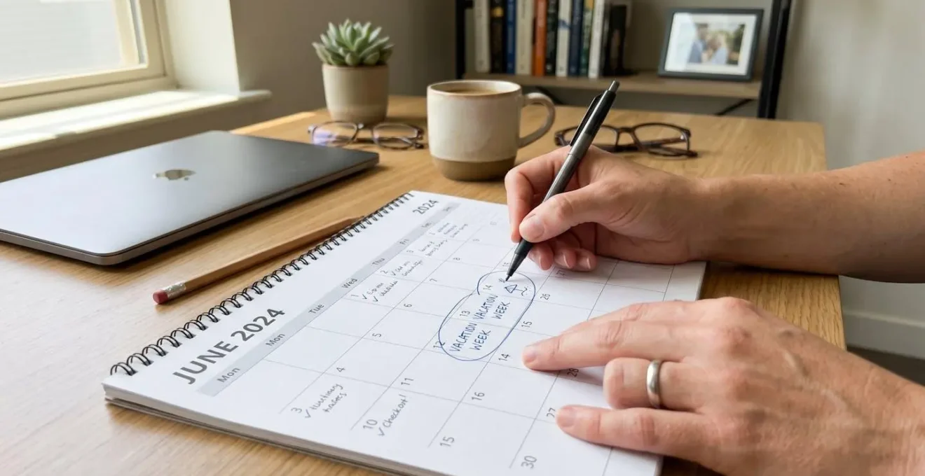 Gros plan sur des mains tenant un stylo et consultant un calendrier papier sur un bureau lumineux