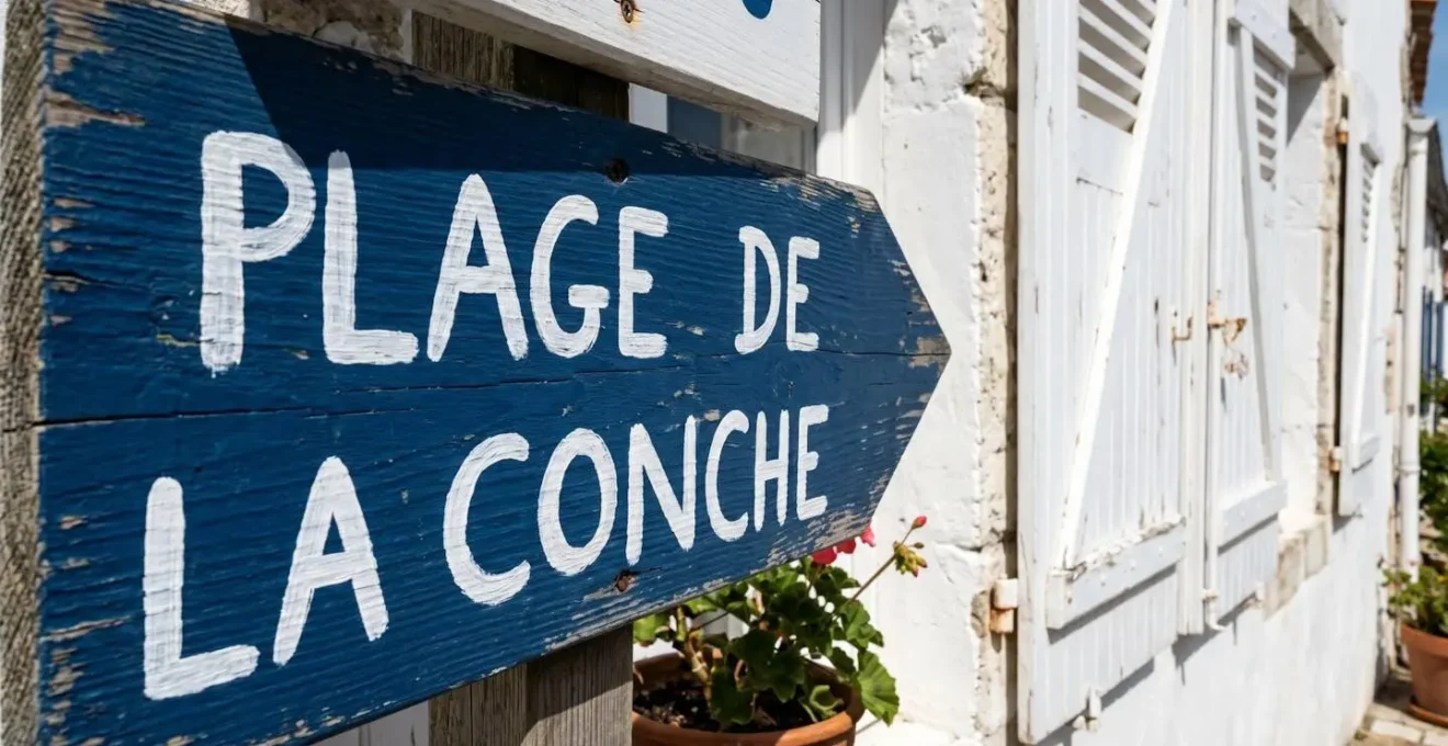 Gros plan sur un panneau directionnel en bois indiquant les villages de l'Île de Ré avec volets blancs en arrière-plan