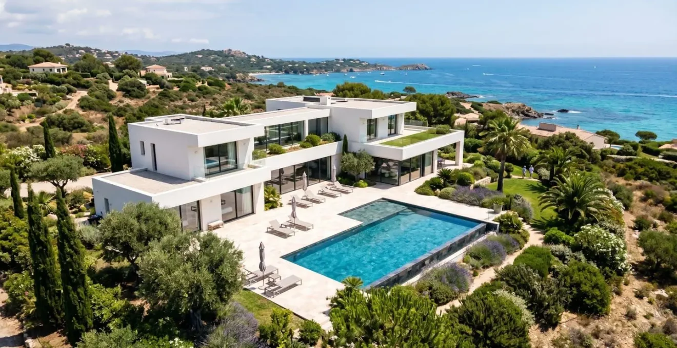 Vue aérienne d'une villa contemporaine blanche avec piscine entourée de végétation sur l'Île de Ré